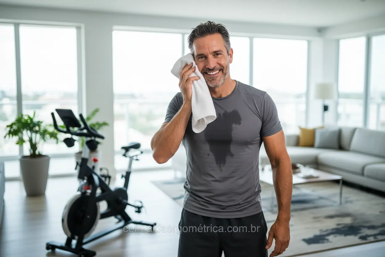 Homem feliz após treino em bicicleta ergométrica com melhor avaliação