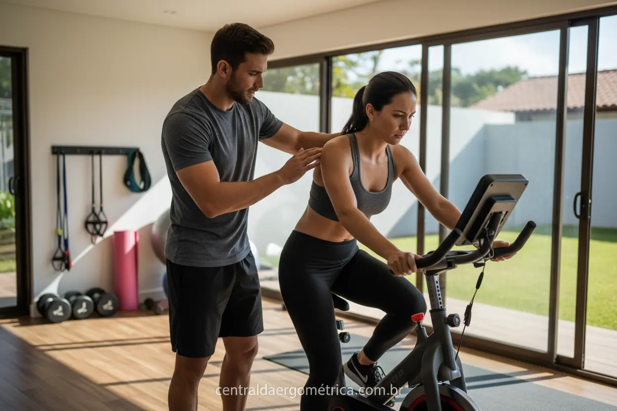Benefícios do Personal na Ergométrica Personal trainer corrigindo postura de cliente em bicicleta ergométrica.
