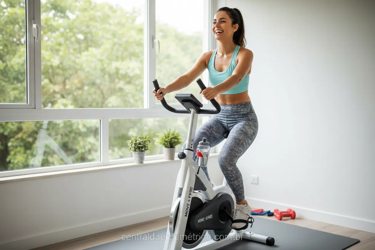 Mulher sorrindo pedalando em uma bicicleta ergométrica barata em casa
