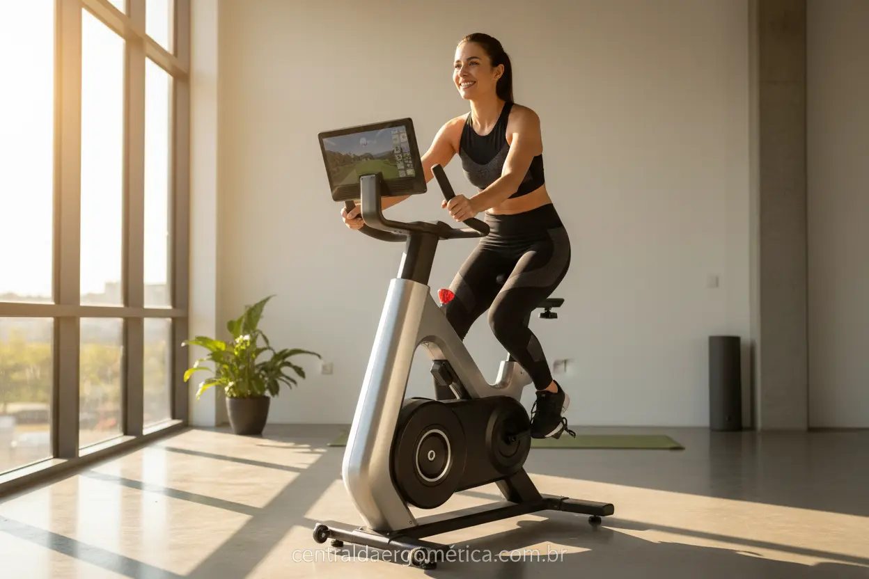 Mulher sorrindo em bicicleta ergométrica moderna