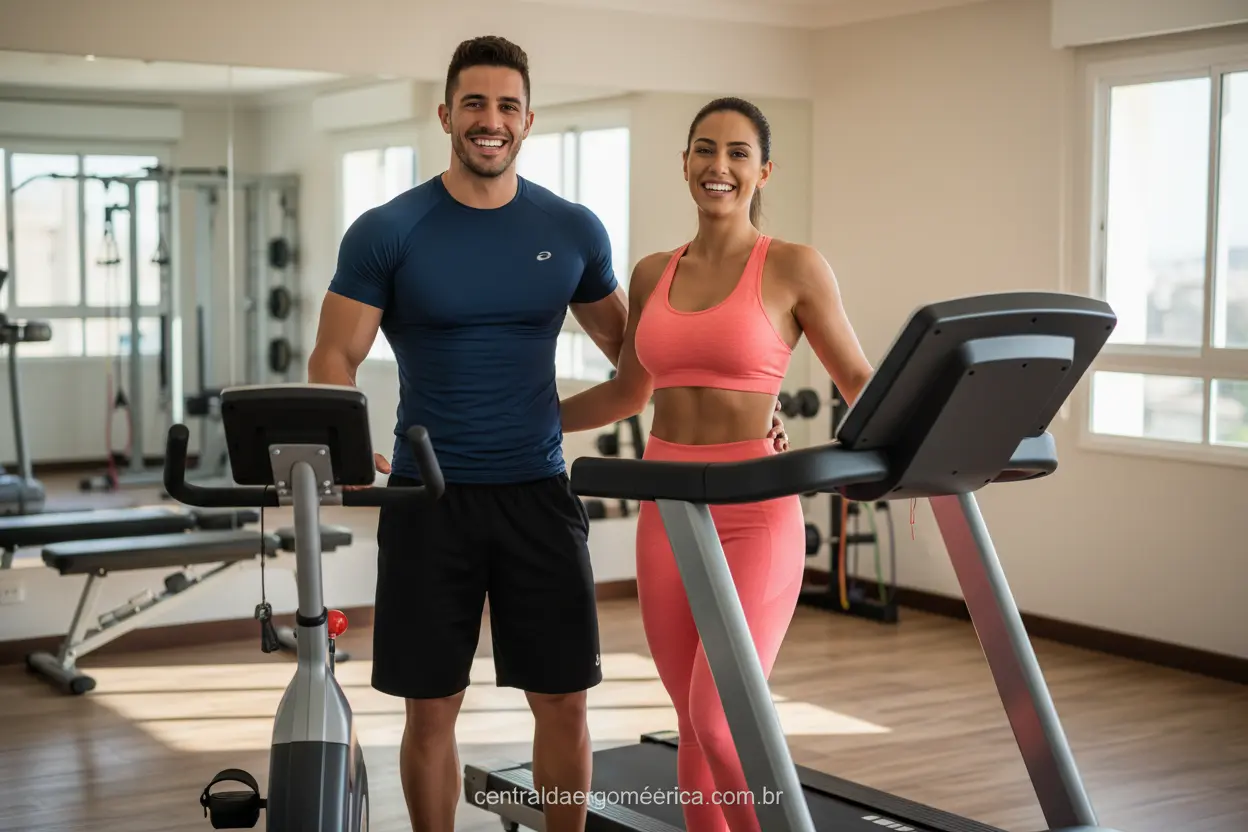 Homem e mulher escolhendo entre bicicleta ergométrica e esteira para treino