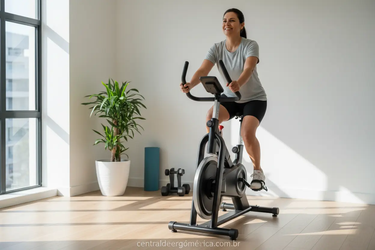 Pessoa treinando em bicicleta ergométrica silenciosa em casa