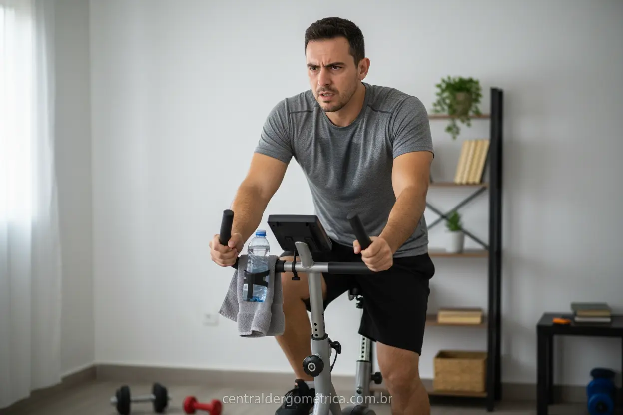 Erros comuns na bicicleta ergométrica Homem com postura incorreta na bicicleta ergométrica