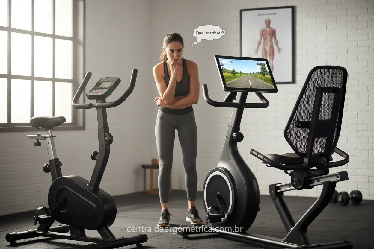 Pessoa comparando bicicleta ergométrica barata e modelo mais caro
