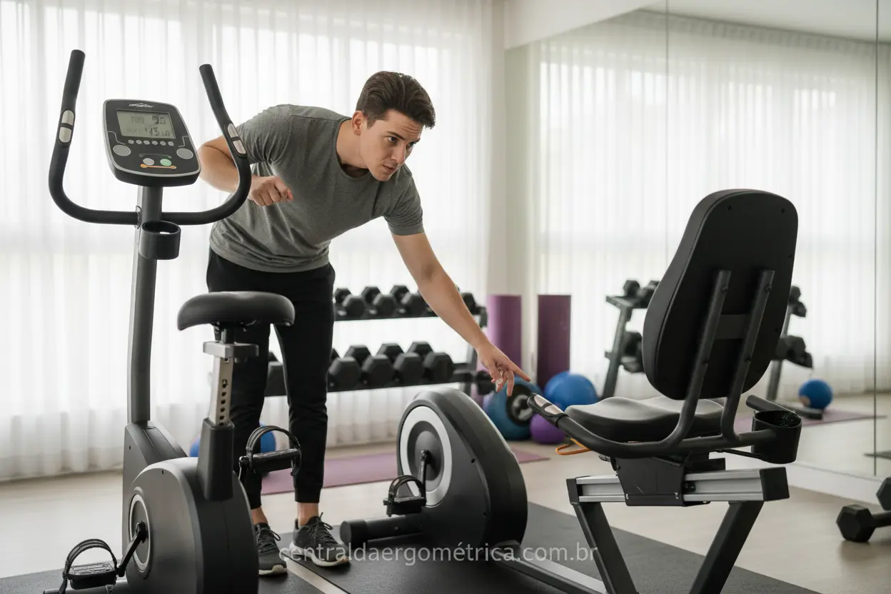 Pessoa comparando bicicletas ergométricas para escolher a ideal.