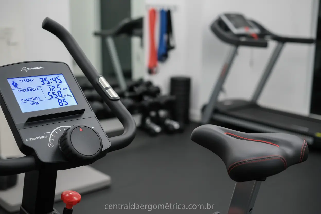 Detalhes de uma bicicleta ergométrica, como display e assento.