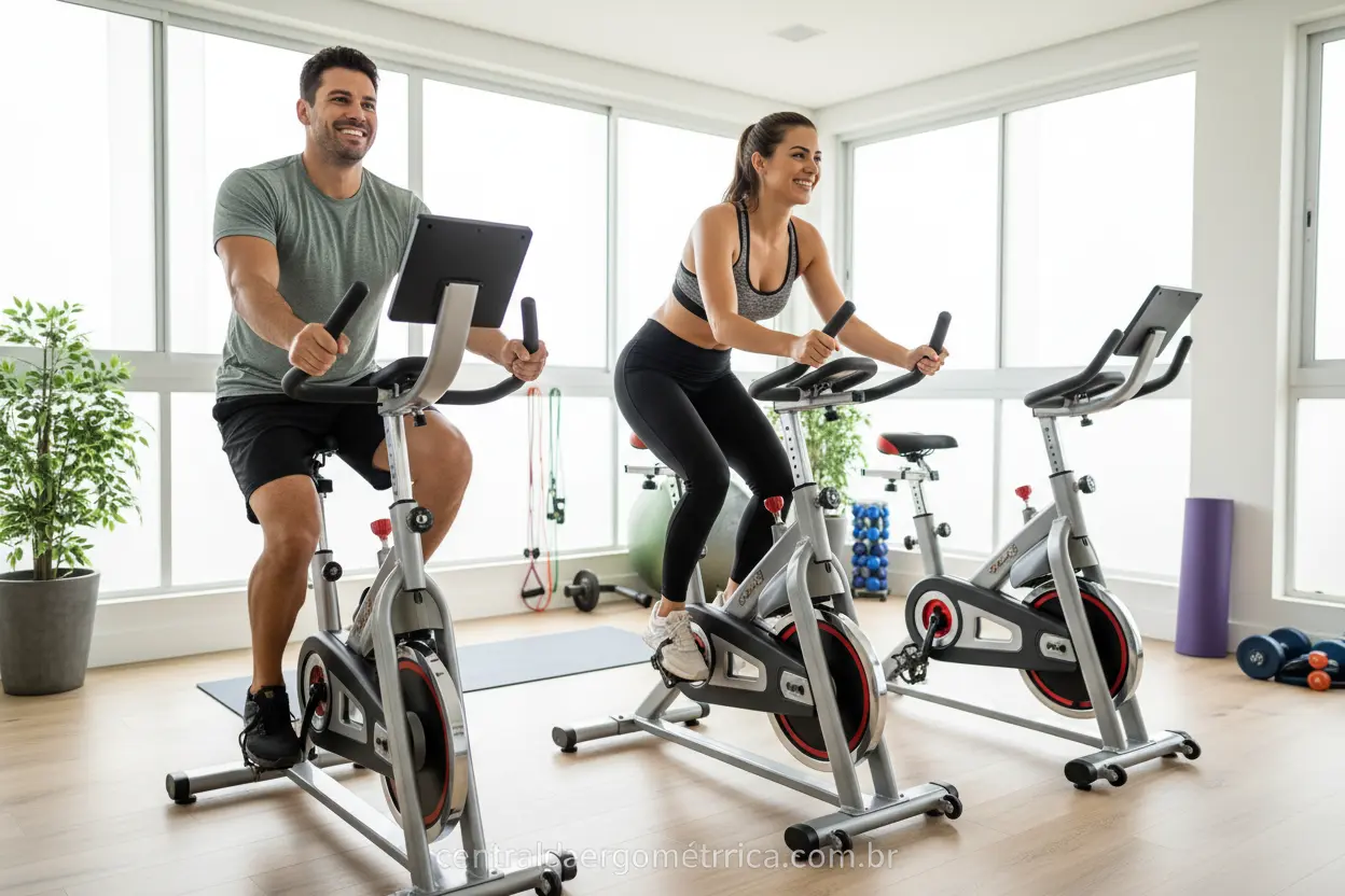 Casal treinando em bicicletas ergométricas em casa