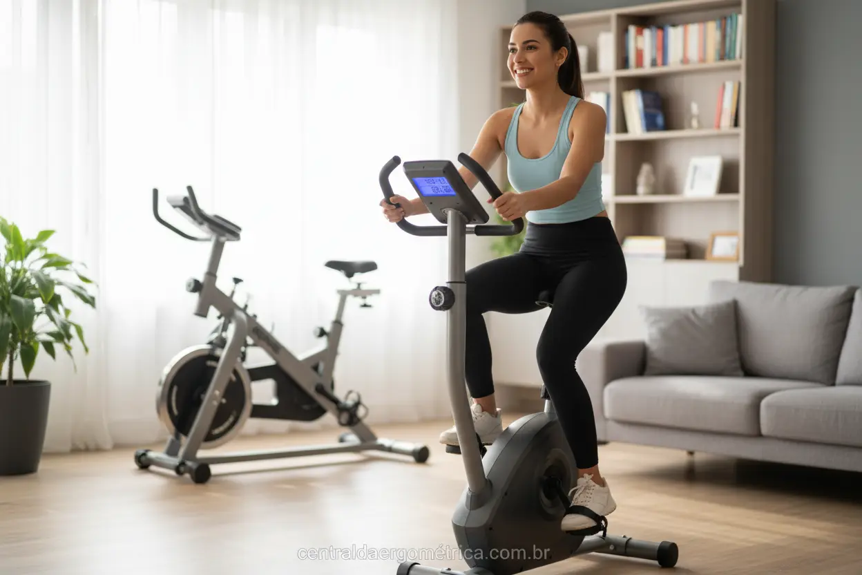 Mulher em bicicleta ergométrica vertical