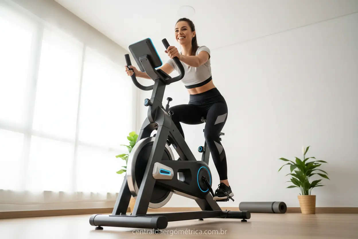 Mulher treinando em bicicleta ergométrica moderna