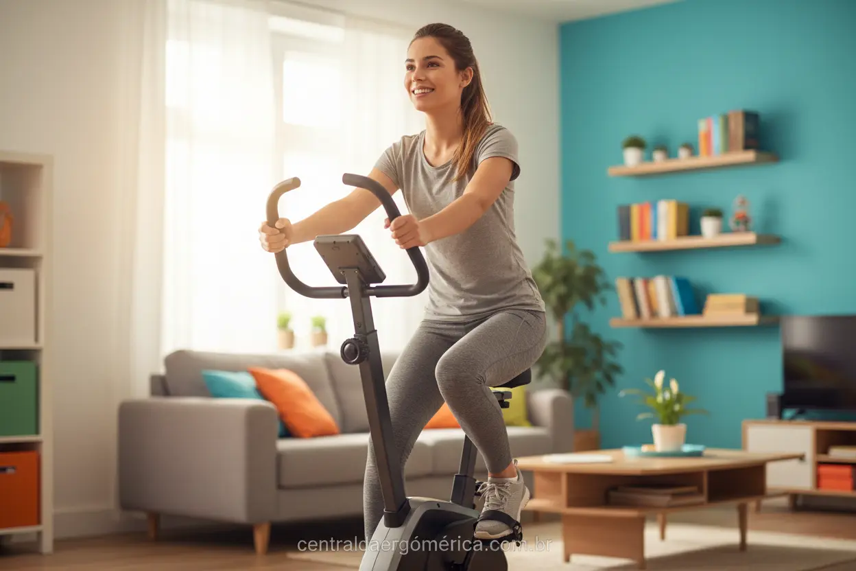 Mulher pedalando bicicleta ergométrica em casa