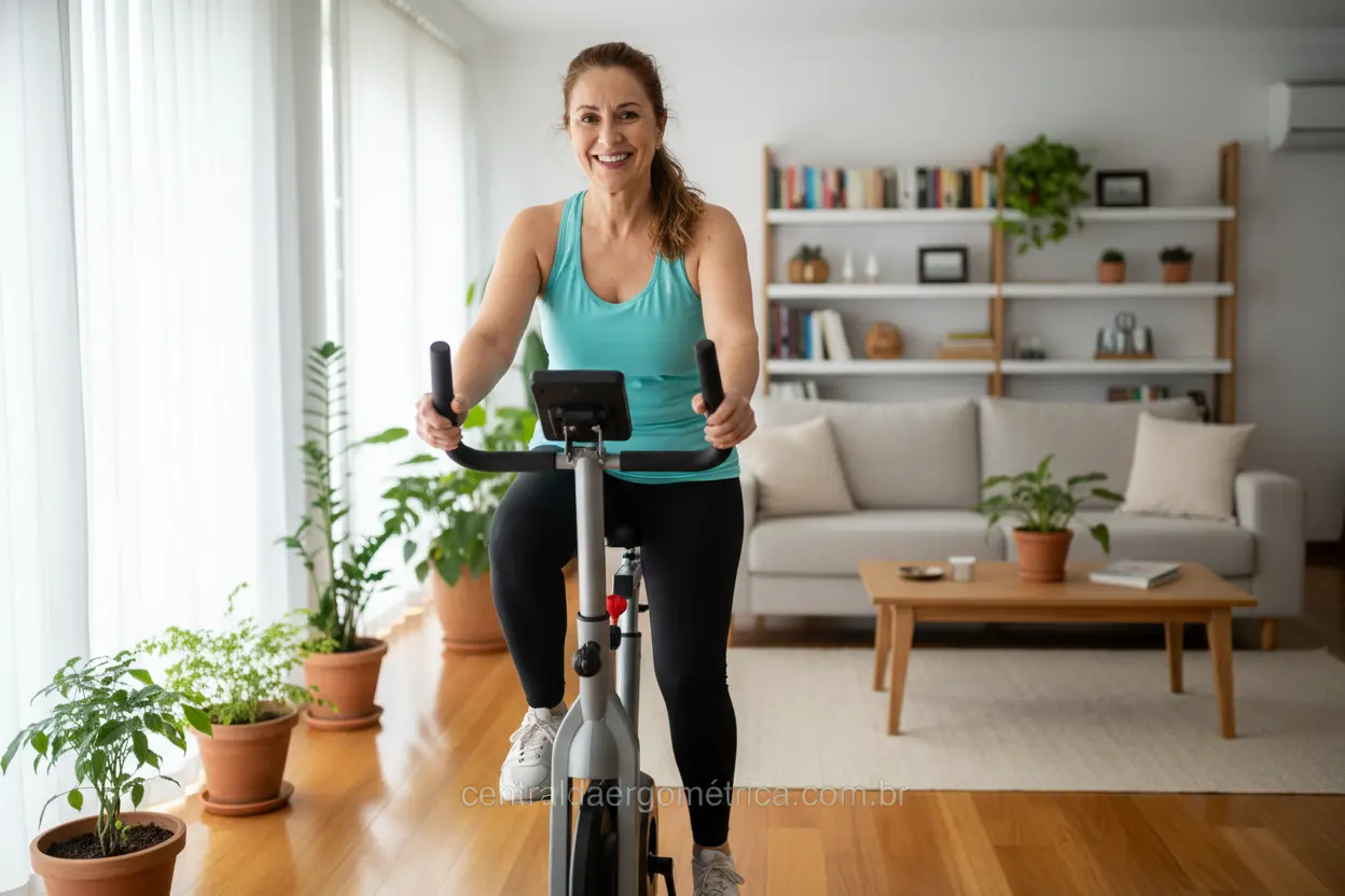 Mulher feliz pedalando bicicleta ergométrica em casa