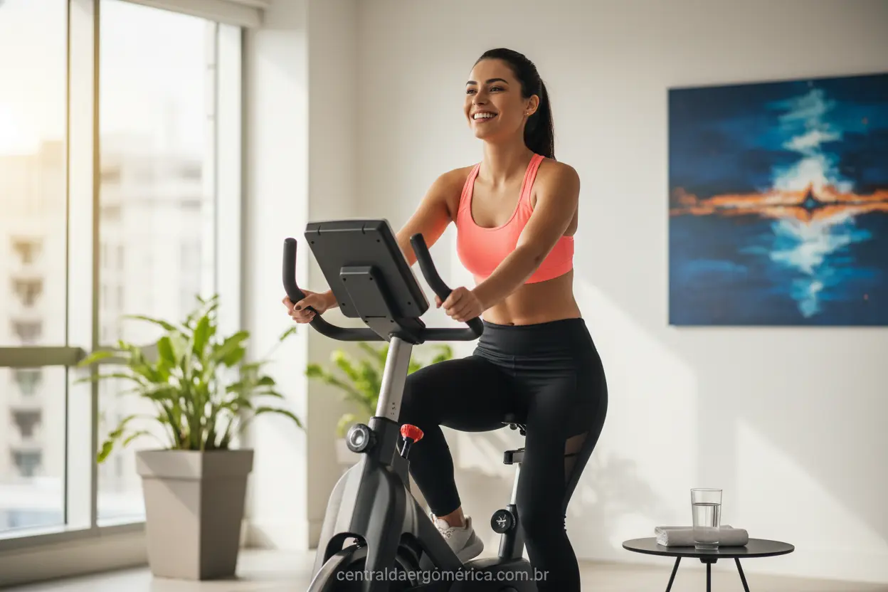 Mulher usando bicicleta ergométrica em casa