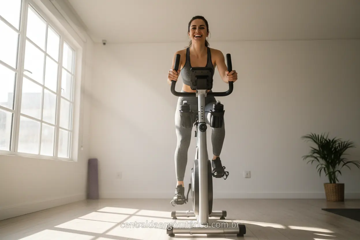 Mulher em bicicleta ergométrica para treino em casa