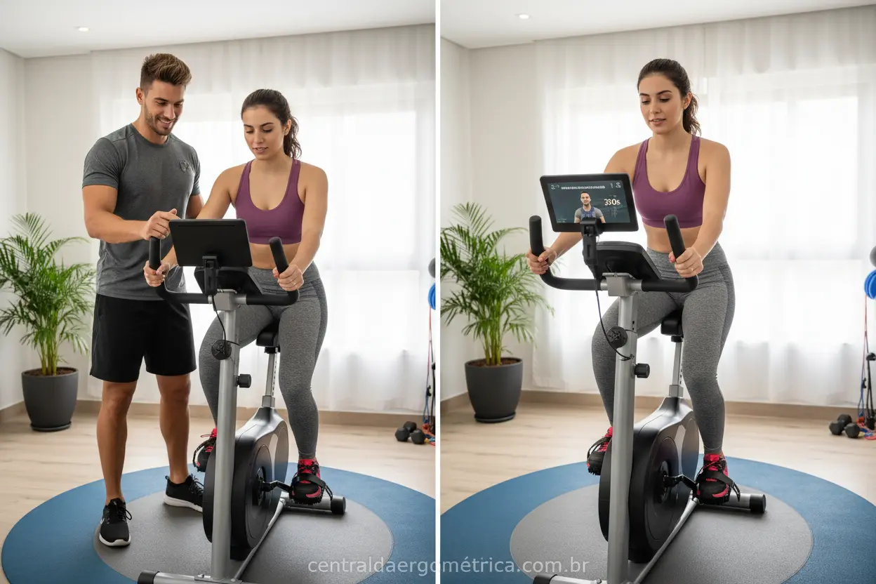 Personal ou Treino Solo na Ergométrica Pessoa treinando com personal e pessoa treinando sozinha na bicicleta ergométrica.