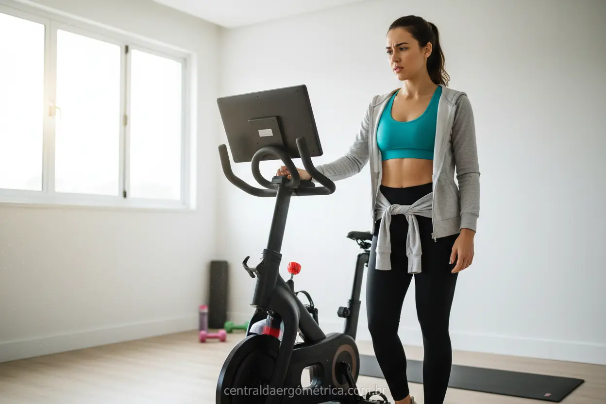 Preciso de um personal para iniciar o uso da bicicleta ergométrica? Pessoa em dúvida ao lado do equipamento.