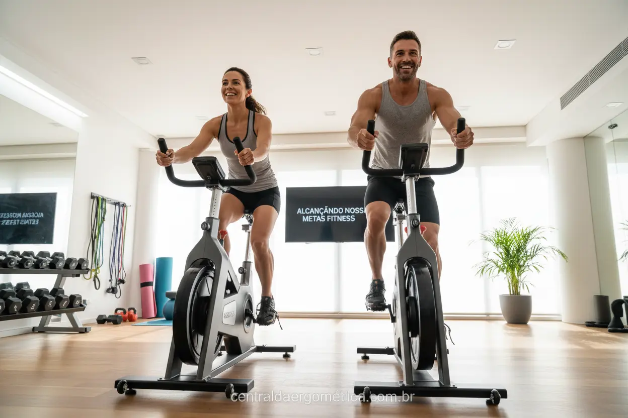 Homem e mulher pedalando bicicleta ergométrica em casa