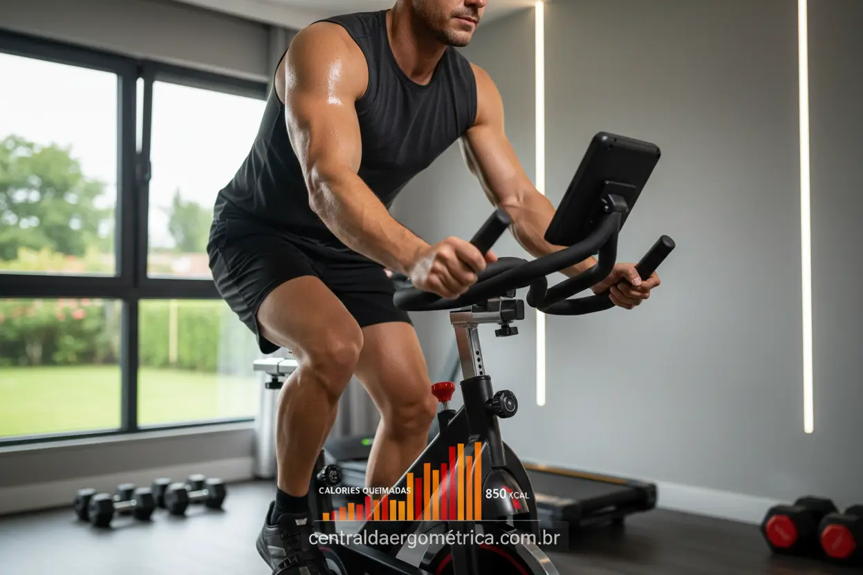 Homem treinando forte em bicicleta ergométrica para queimar gordura