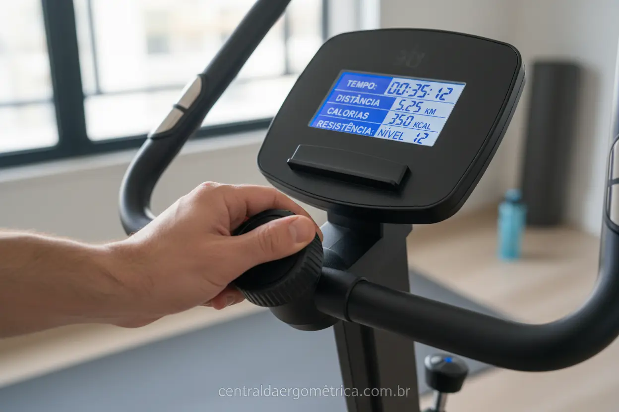 Mão ajustando resistência de bicicleta ergométrica