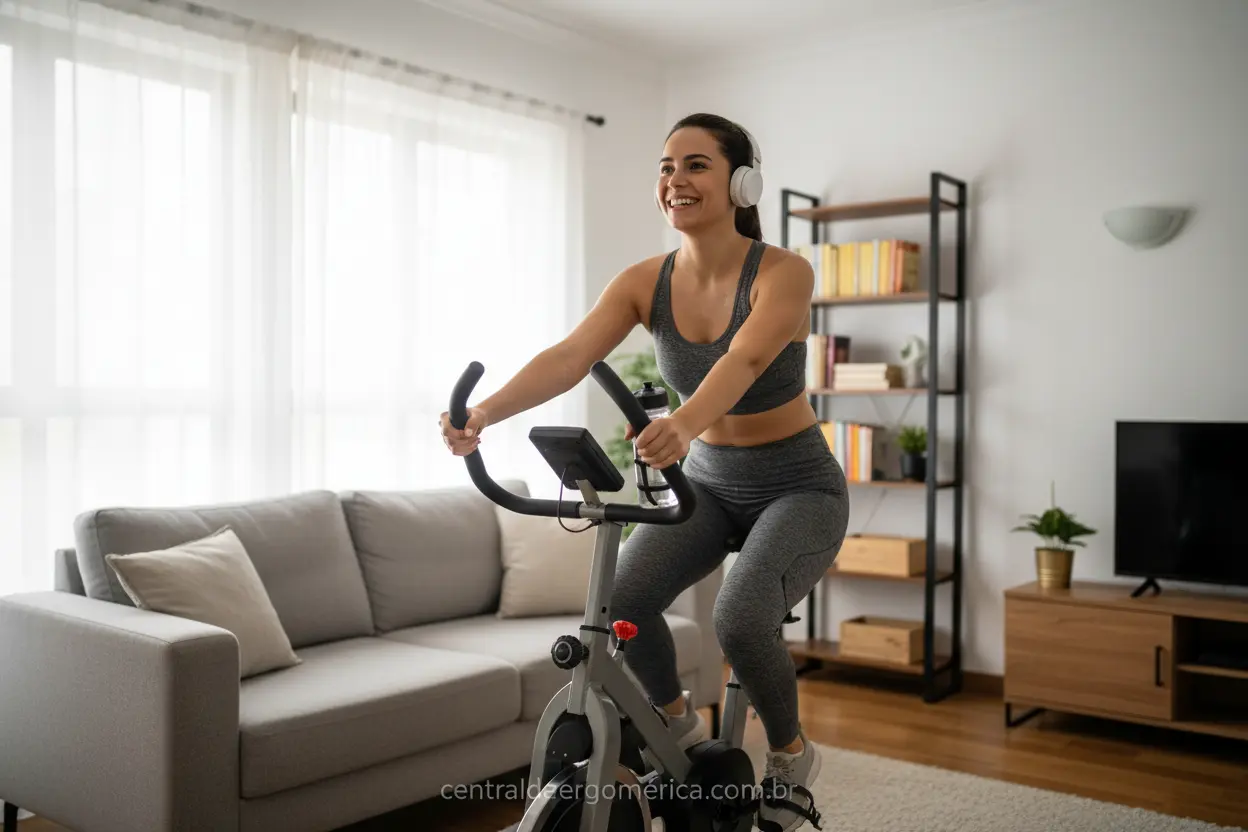 Mulher pedalando em bicicleta ergométrica, melhor custo benefício