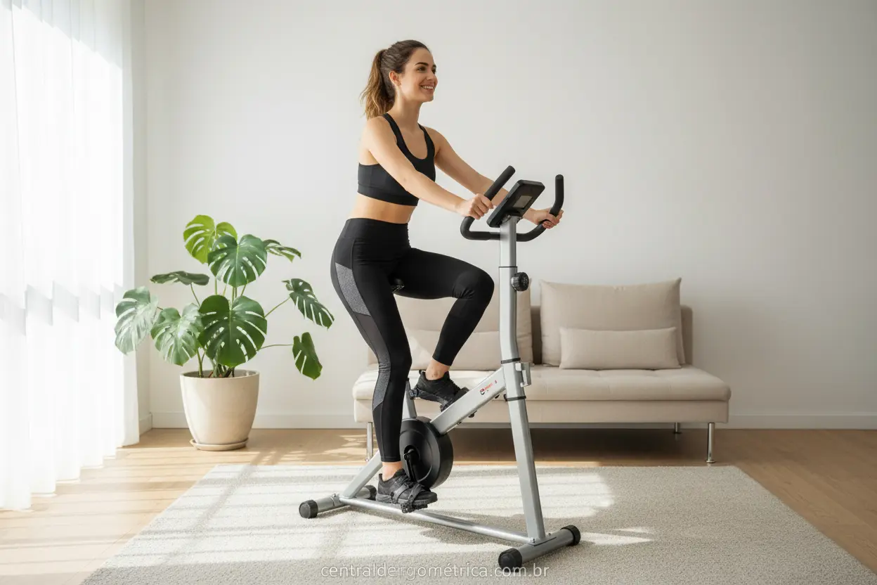 Mulher usando bicicleta ergométrica dobrável em apartamento.