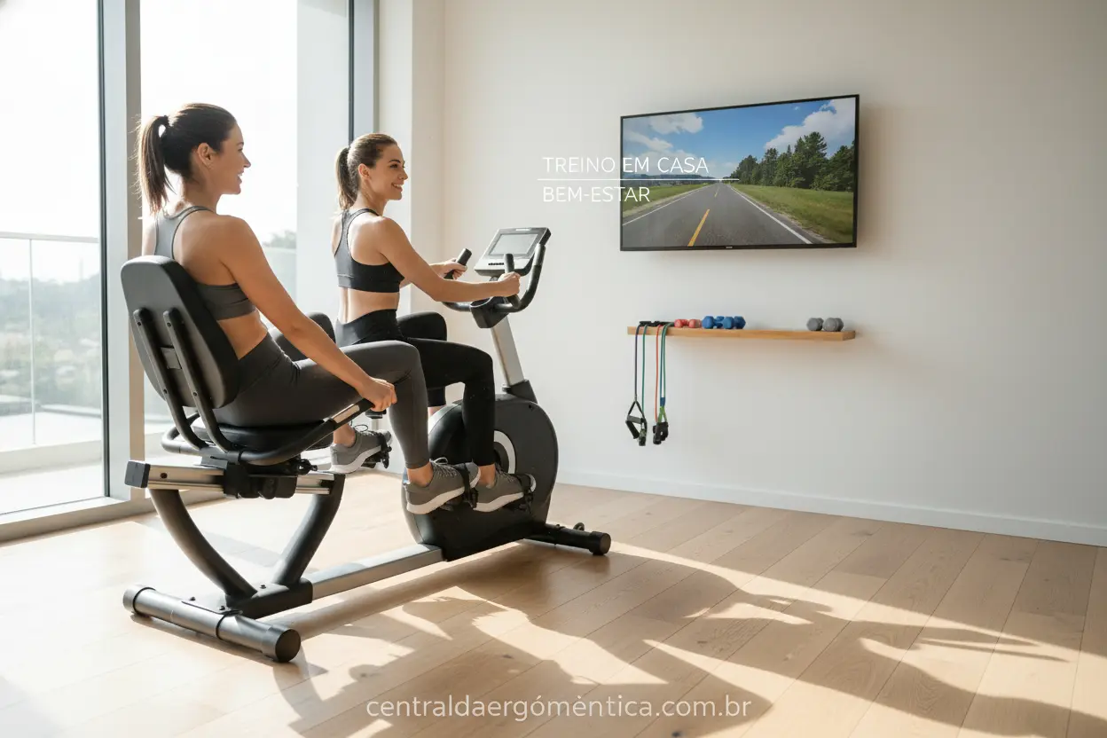Casal treinando em bicicleta ergométrica horizontal em casa