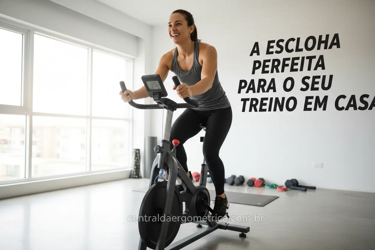 Pessoa sorrindo em bicicleta ergométrica moderna em casa