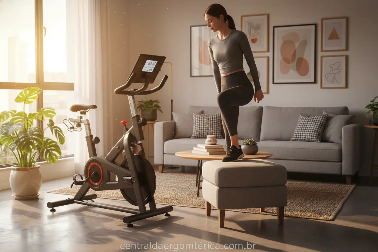 Mulher se alongando ao lado de uma bicicleta ergométrica compacta em um apartamento moderno.