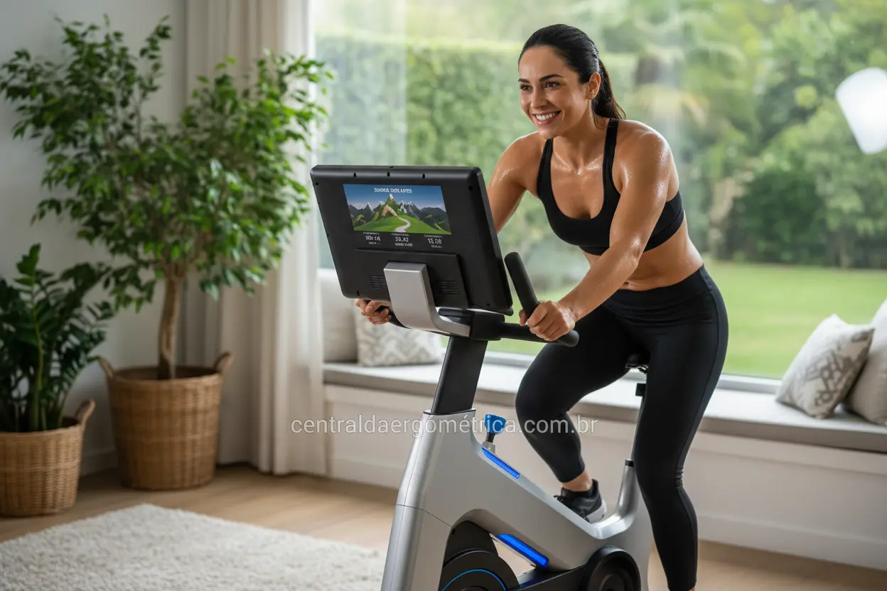 Mulher treinando em bicicleta ergométrica profissional em casa