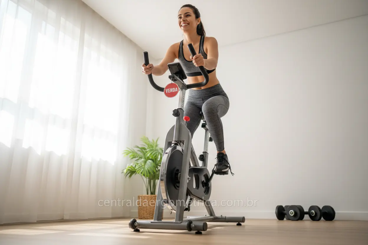 Mulher sorrindo pedalando em bicicleta ergométrica em promoção