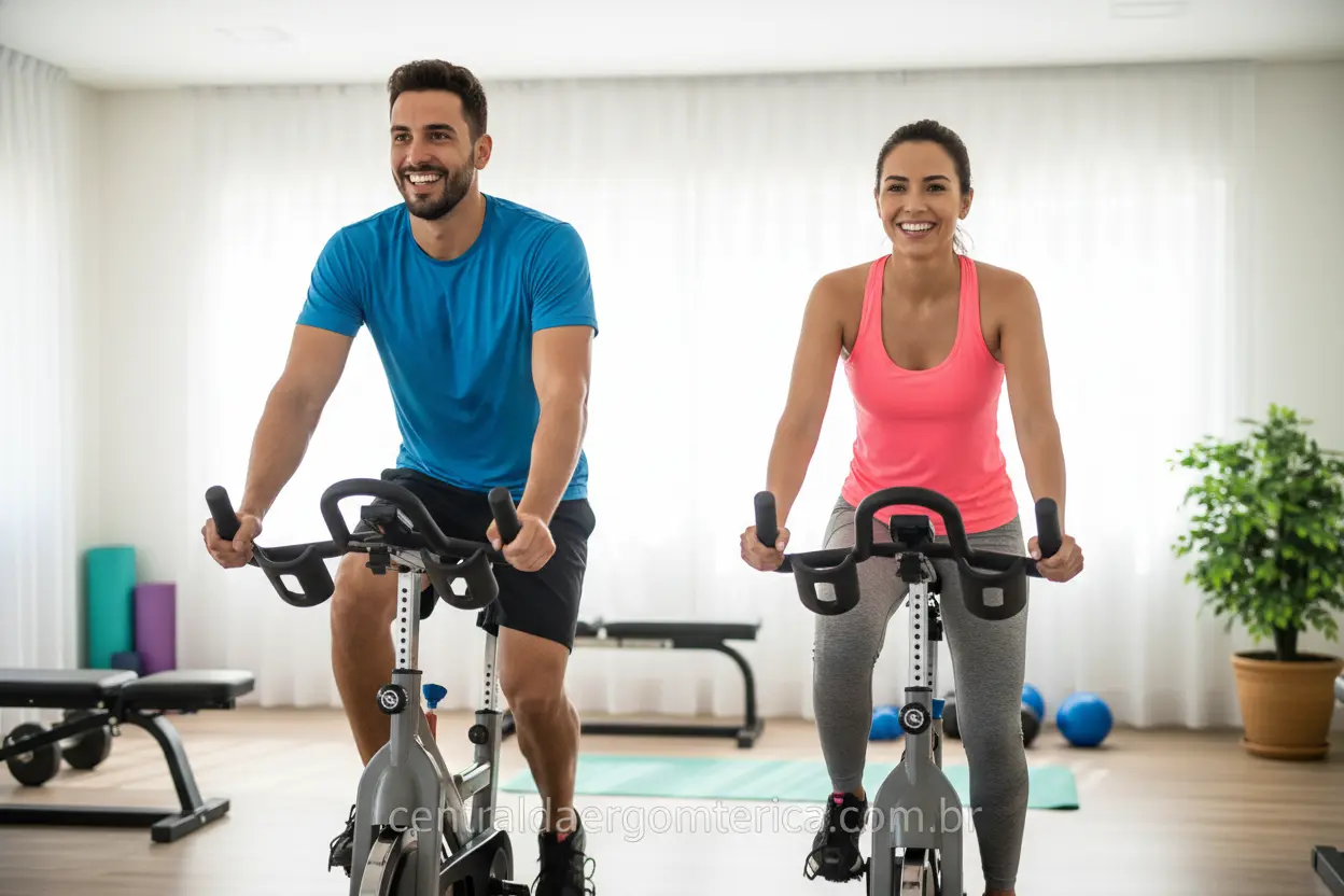 Homem e mulher sorrindo, pedalando em bicicletas ergométricas em casa