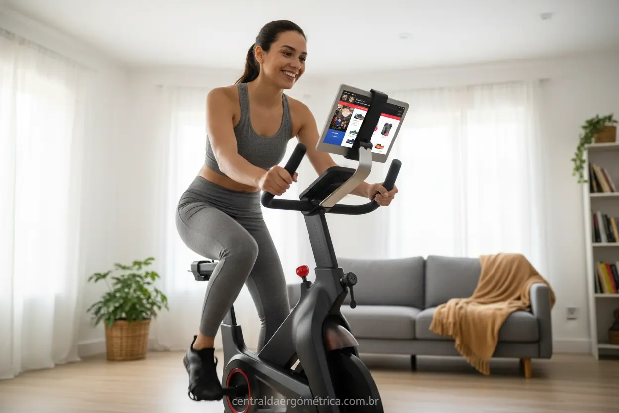 Pessoa feliz usando bicicleta ergométrica em casa, representando a compra online.