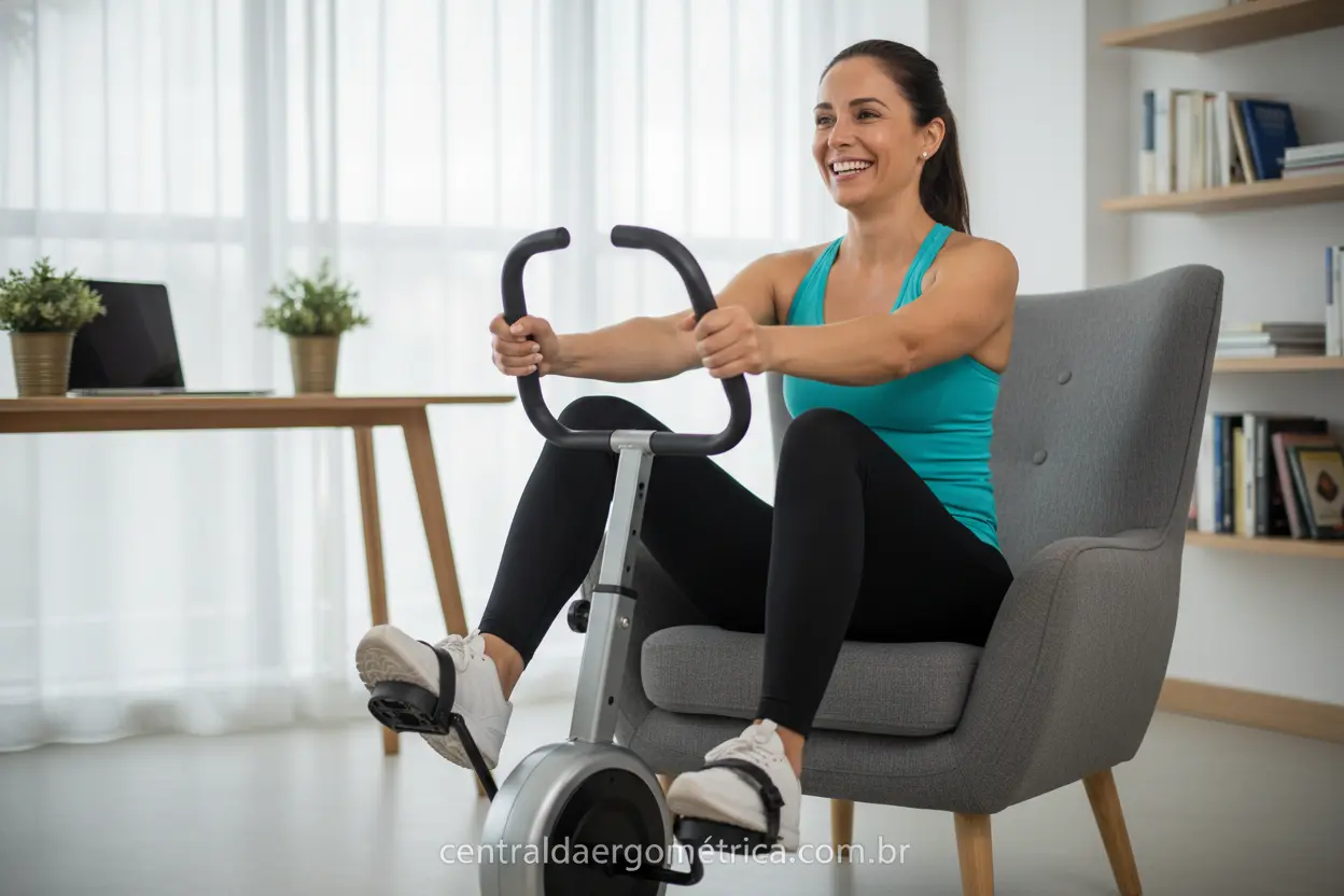Emagrecimento com Mini Bicicleta Mulher usando mini bicicleta ergométrica para emagrecer e se exercitar.