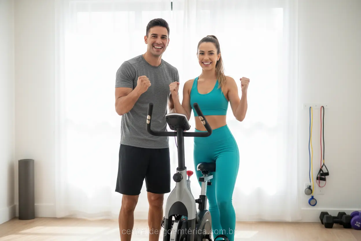 Homem e mulher sorrindo ao lado de bicicleta ergométrica moderna