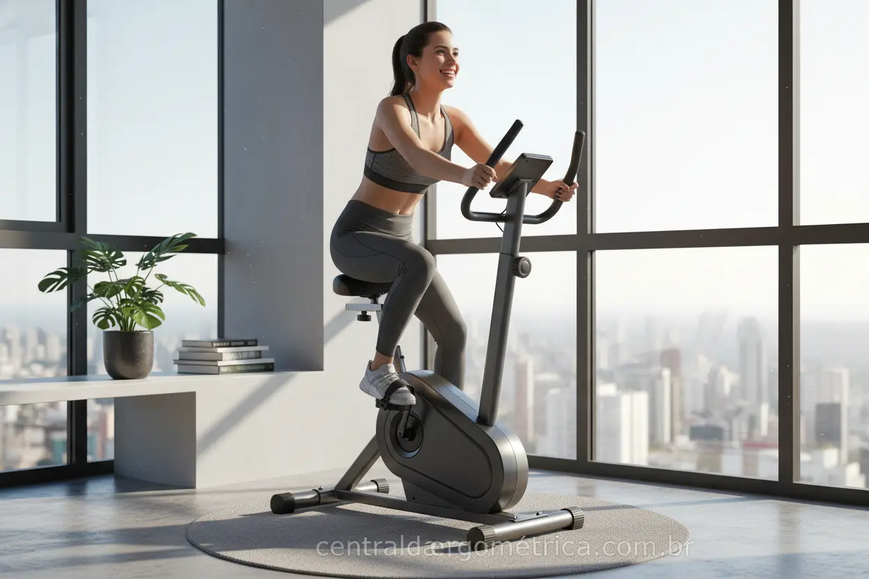 Qual a bicicleta ergométrica para apartamento ideal? Homem treinando em modelo compacto e moderno.