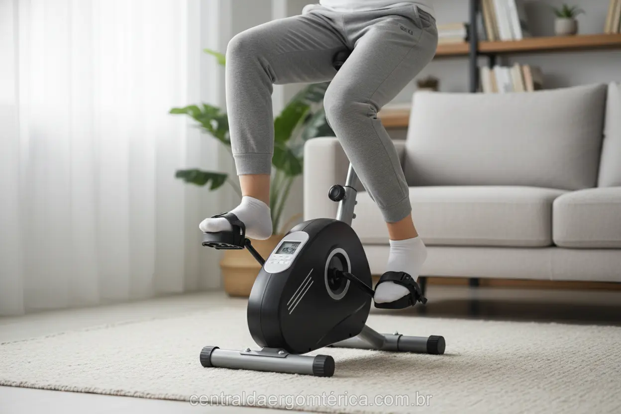 Pernas pedalando uma mini bicicleta ergométrica compacta em uma sala de estar.