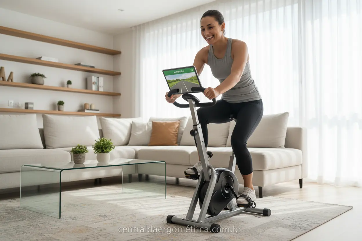 Pessoa usando mini bicicleta ergométrica em casa