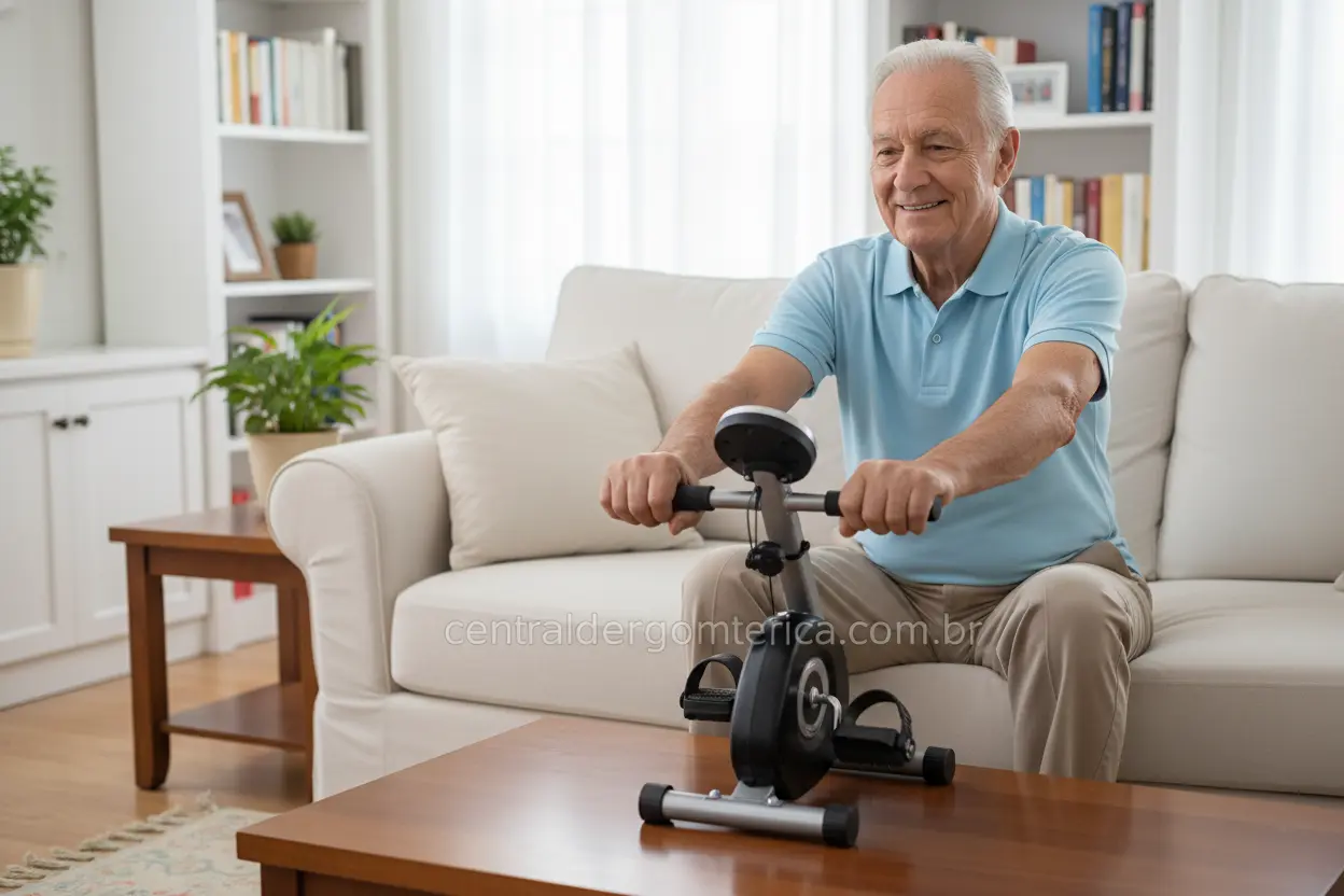 Mini Ergométrica para Reabilitação Homem idoso usando mini bicicleta ergométrica funciona para exercitar os braços.