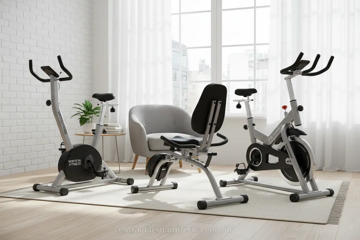 Três modelos diferentes de bicicletas ergométricas compactas em um apartamento.