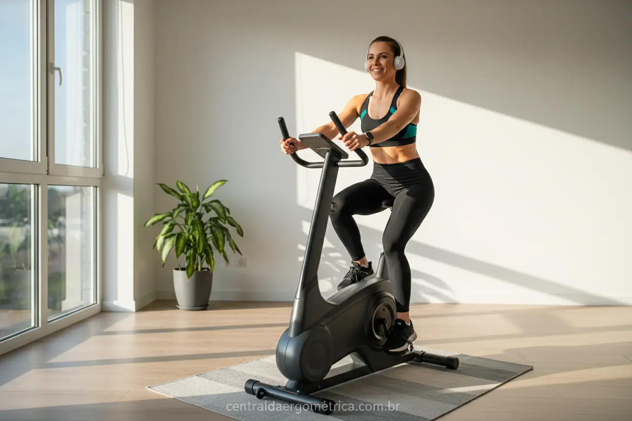 Mulher em bicicleta ergométrica moderna