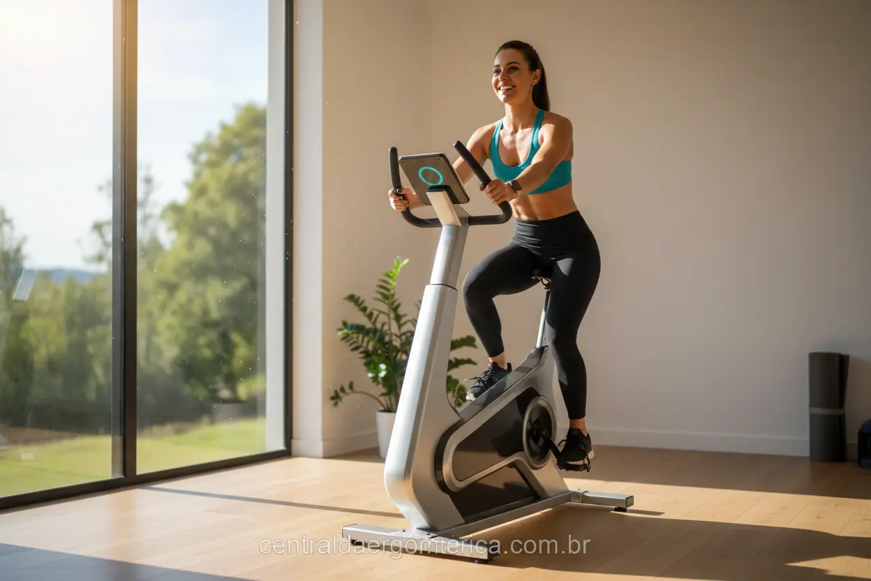 Mulher feliz treinando em bicicleta ergométrica em casa