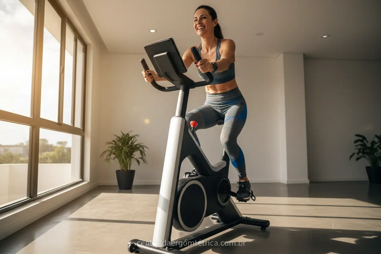 Mulher feliz usando bicicleta ergométrica para iniciantes em casa