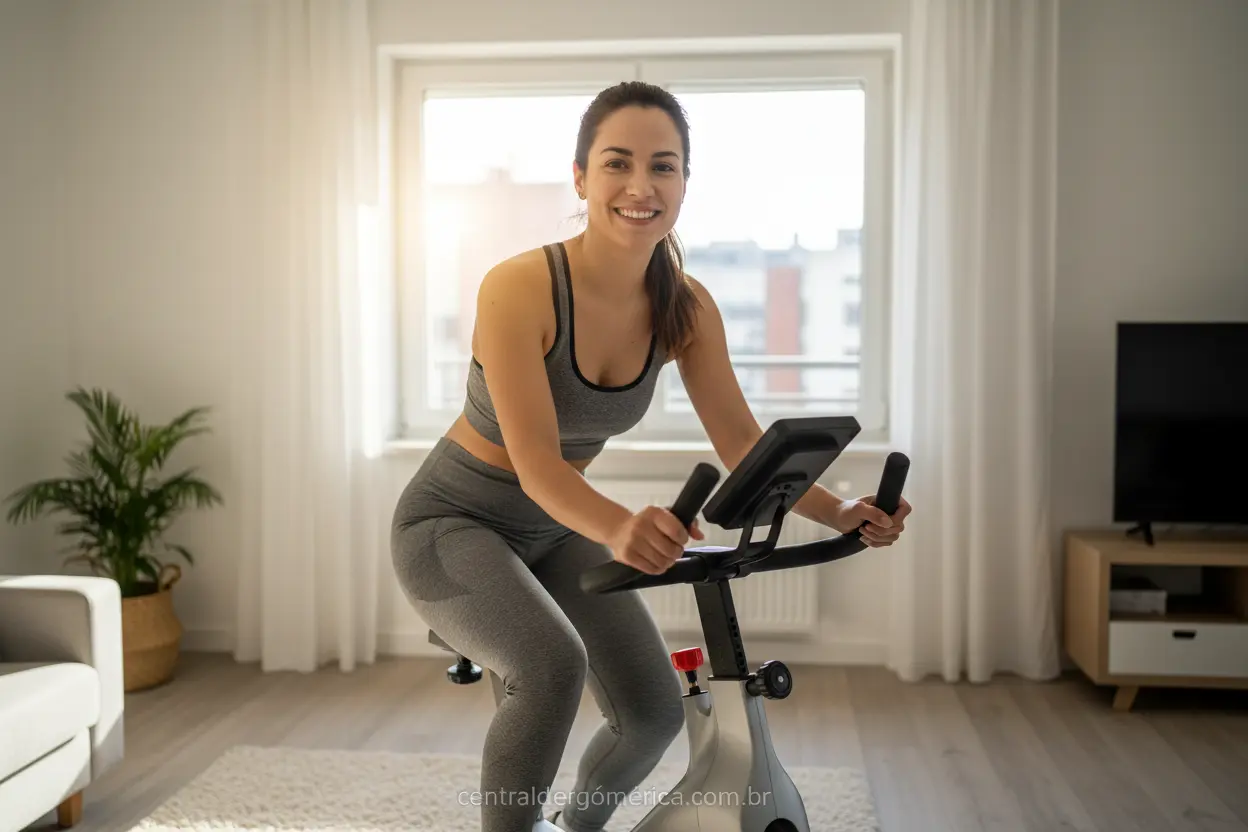 Mulher pedalando em apartamento sem incomodar os vizinhos