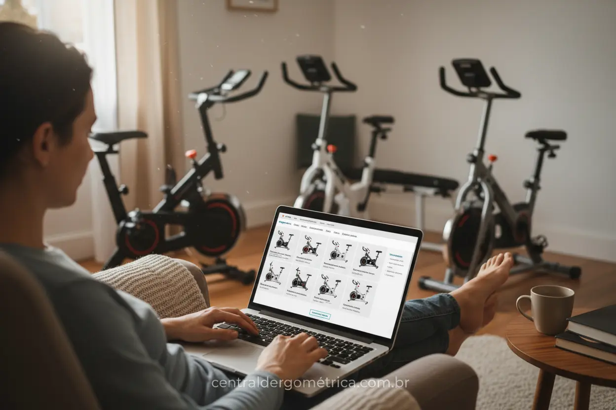 Pessoa pesquisando modelos populares de bicicletas ergométricas para comprar