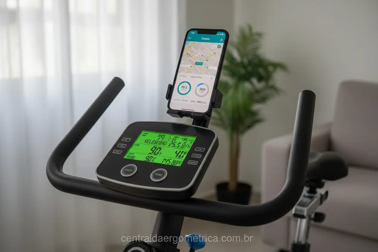 Bicicleta ergométrica com suporte para celular e painel ligado