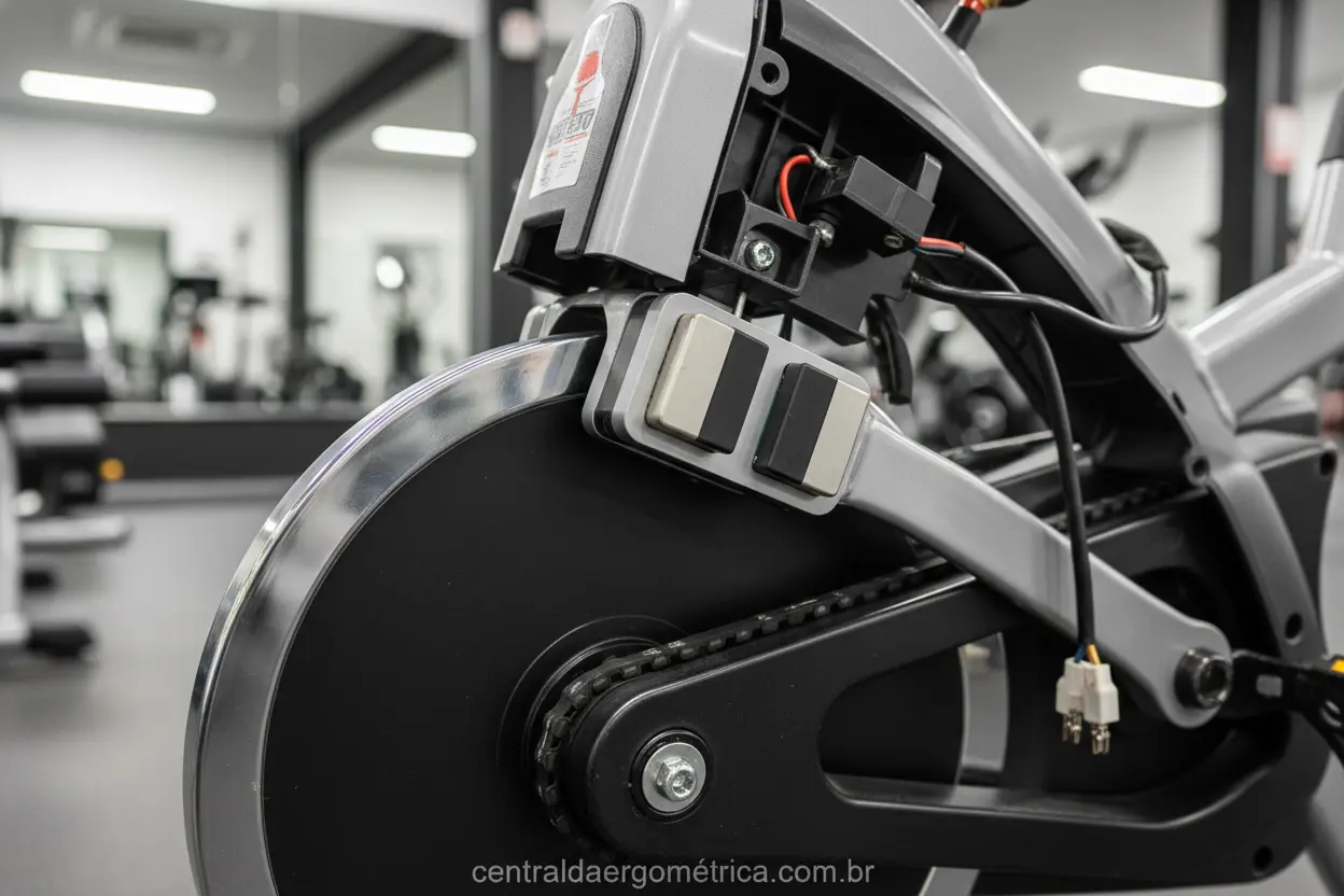 Detalhe do sistema de resistência magnética da bicicleta ergométrica