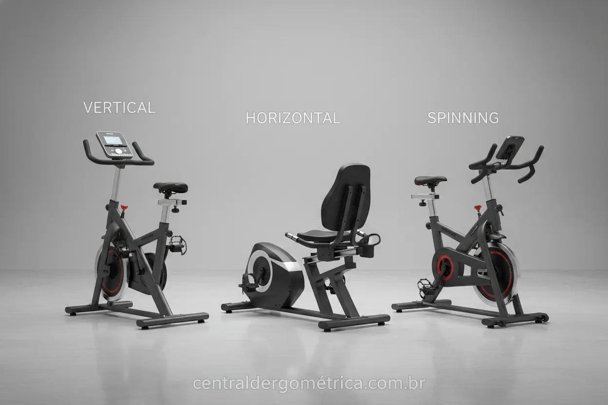 Comparativo de tipos de bicicleta ergométrica: vertical, horizontal e spinning.