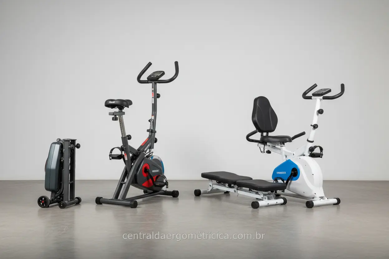 Modelos variados de bicicletas ergométricas dobráveis.