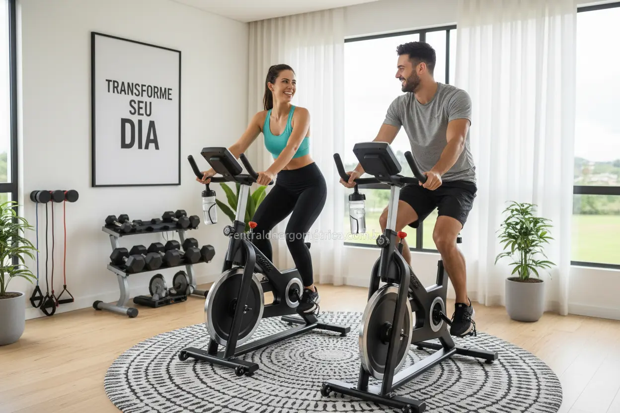 Casal feliz treinando em bicicletas ergométricas em casa.